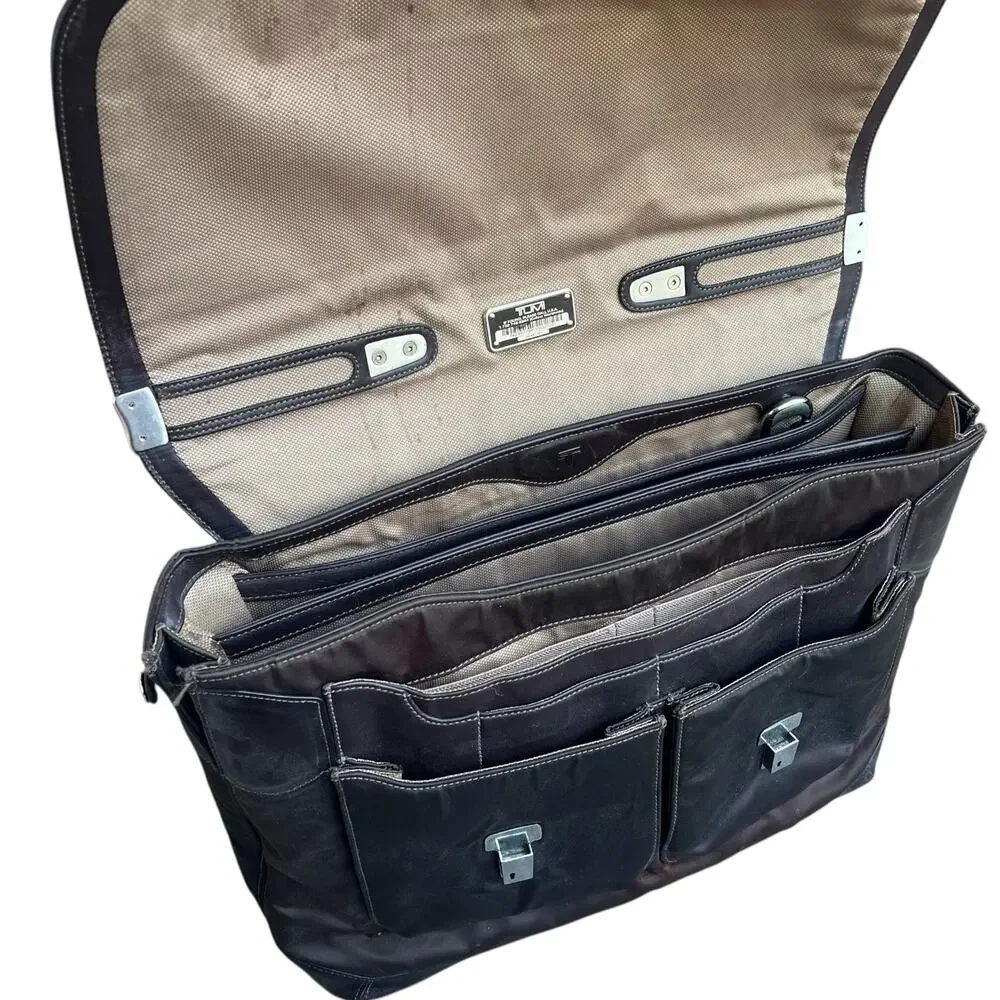 Tumi Formula T Leather Flap Laptop Briefcase Bag Missing Strap As-is
